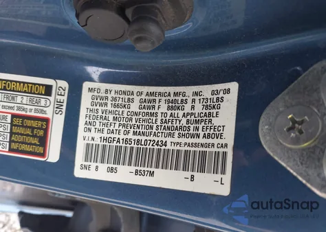 2008 Honda Civic Lx z USA, uszkodzony, nr VIN 1HGFA16518L072434